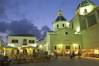 The famous landmark church of Nuestra Senora del Consuelo, with its famous blue tiled domed roof. Villas in Altea